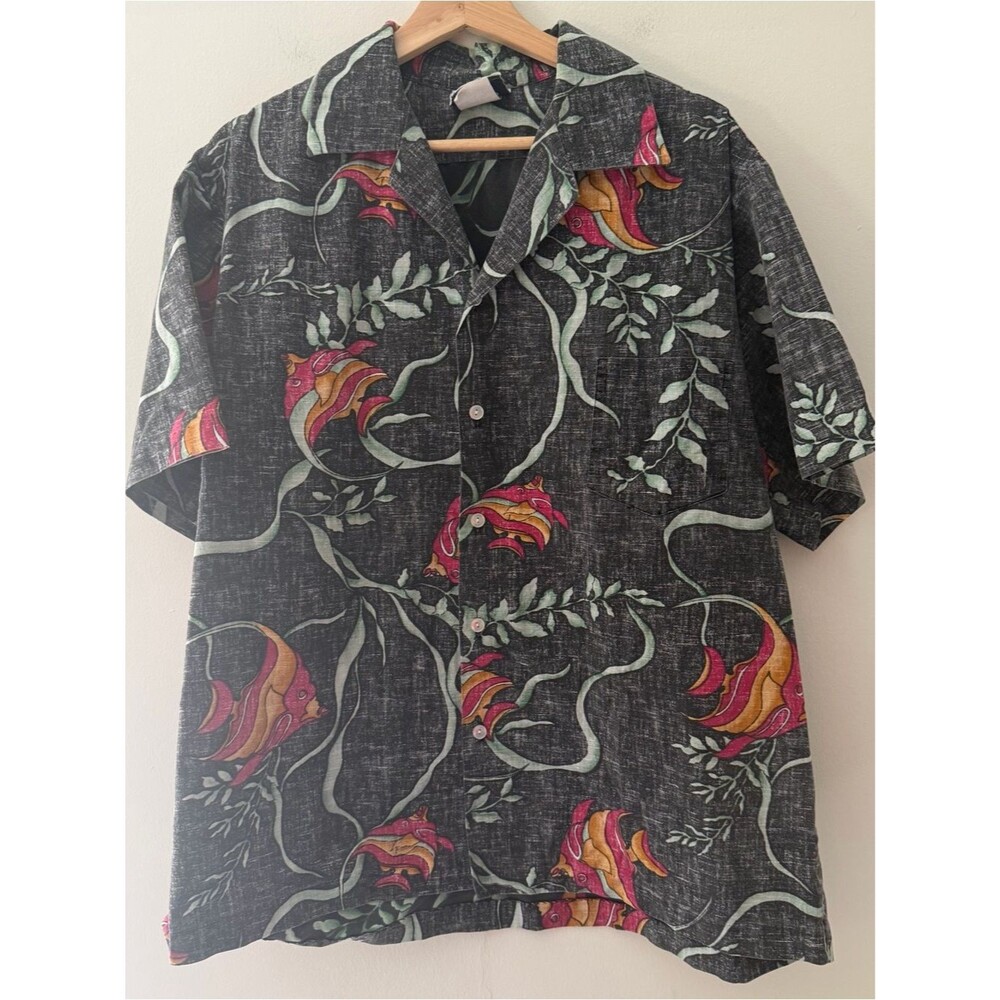 Hilo Hattie Vintage Hawaiian Shirt Gray Size  XL Hibiscus Vacation Hawaii Cruise